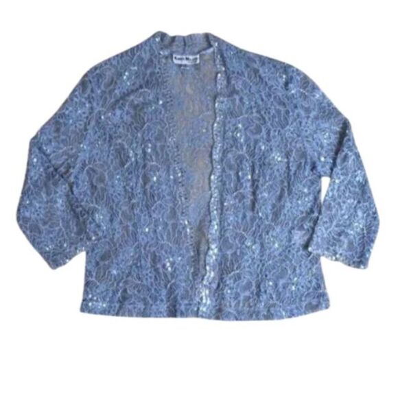 Karen Miller VTG Sequin Blazer L Light Blue Sheer Open Cardigan Glam Beaded - Picture 1 of 16